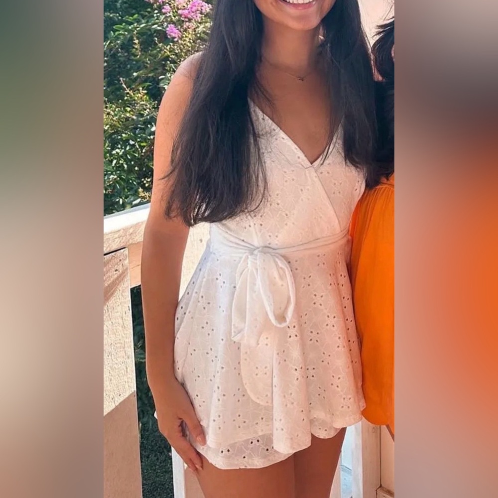 Women's White Wrap Romper with Waist Tie- Windsor